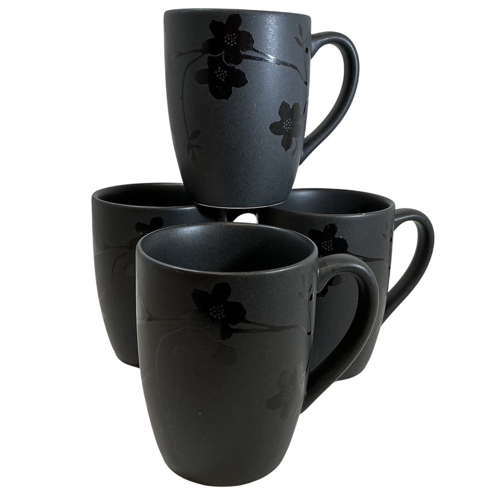 Home Essentials Home Q Matte Black Floral Cherry Blossom Stoneware Mugs Set of 4